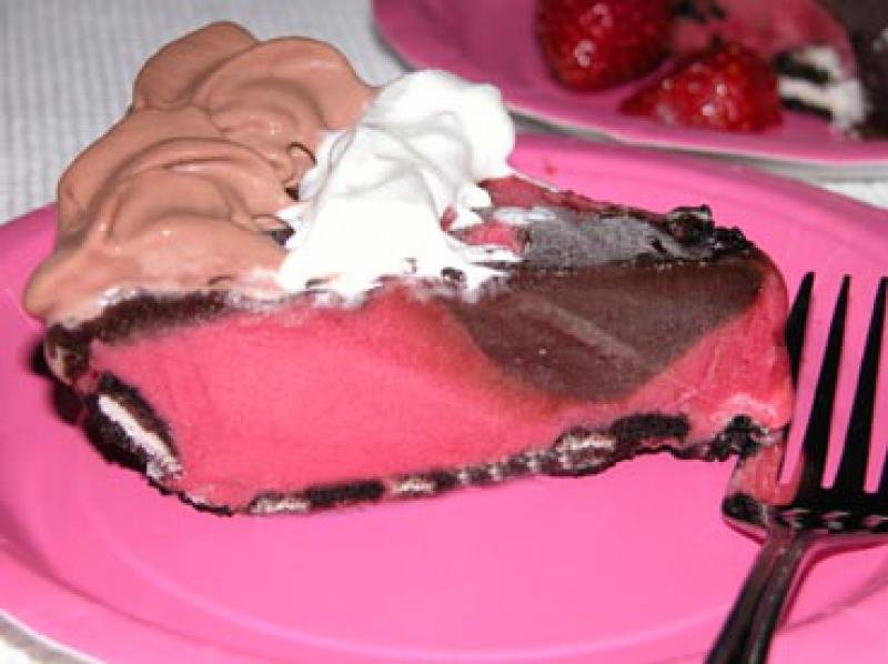 This raspberry and chocolate sorbet pie comes together in a snap!