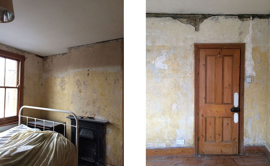 Cracked plaster walls before our Nordic luxe bedroom makeover