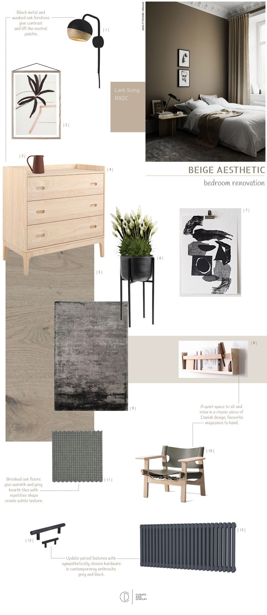 A bedroom design moodboard inspired by a beige Nordic luxe style. 