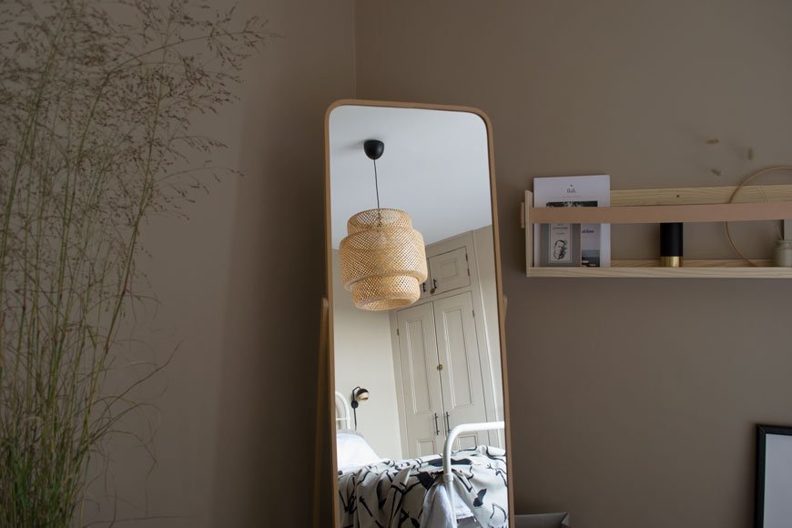 Our Nordic luxe bedroom makeover features to-tone beige walls which change according to the light levels