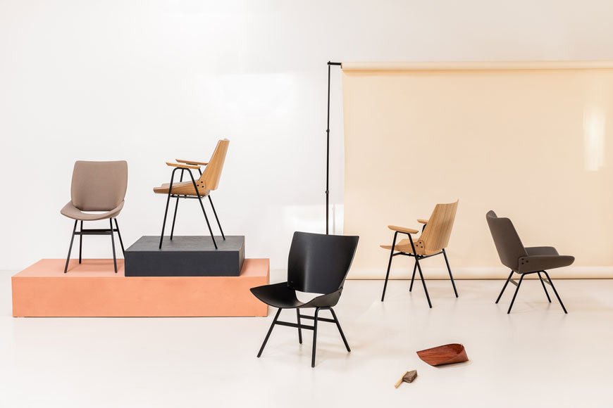 A selection of variations of the Shell Chair designed by Rex Kralj