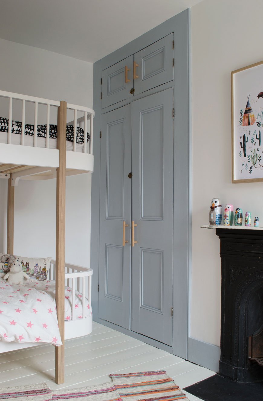 a modern, Scandinavian kids room in white and grey-blue, the first room completed in our slow decorating process