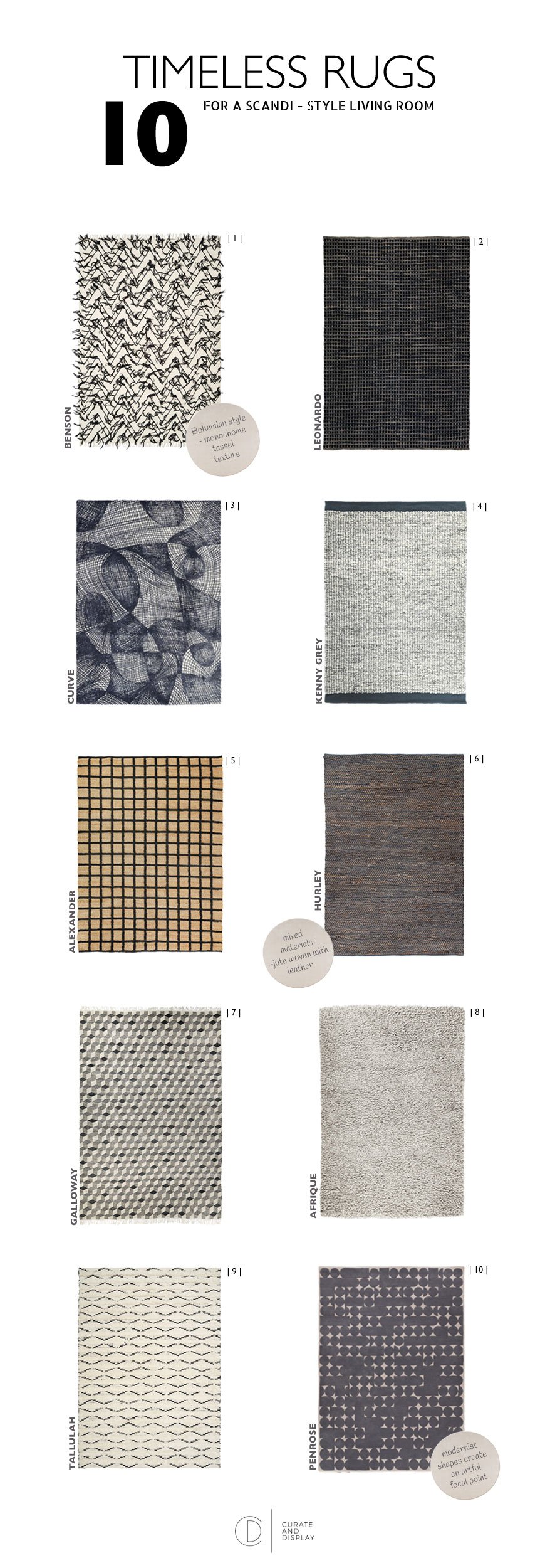 A shopping page for 10 timeless rugs for a Scandi-style living room. 