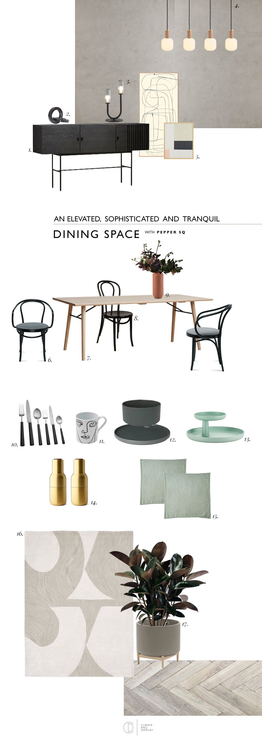 A visual moodboard of an elevated, sophisticated and tranquil dining room with Nordic influences and touches of pale green. 