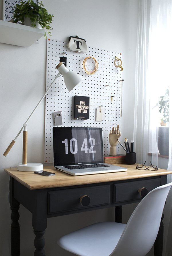 Minimal workspace makeover featuring DIY desk, Block peg board and Made.com desk lamp