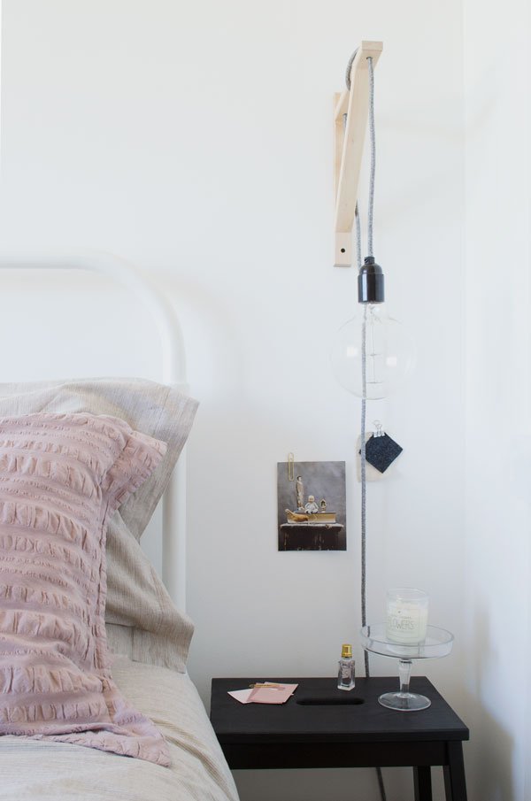 bedside lamps created with vintage style Edison bulbs, fabric cable mounted with IKEA brackets is one of my styling tips for a minimal bedroom