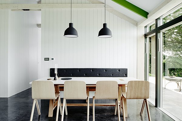 Dining space of minimalist holiday home in the Wye Valley Monmouthshire, The Chickenshed, Muuto design.
