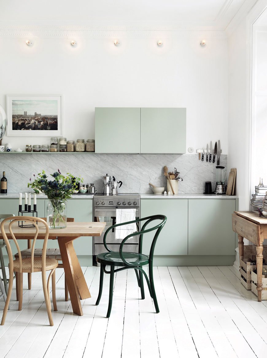 hot to use colour in a minimalist home, pale mint green kitchen cupboards, photography © Petra Bindel