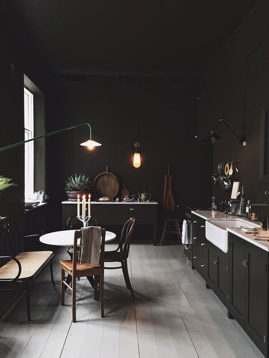how to use colour in a minimalist home, dark green kitchen walls, Artilleriet Copenhagen
