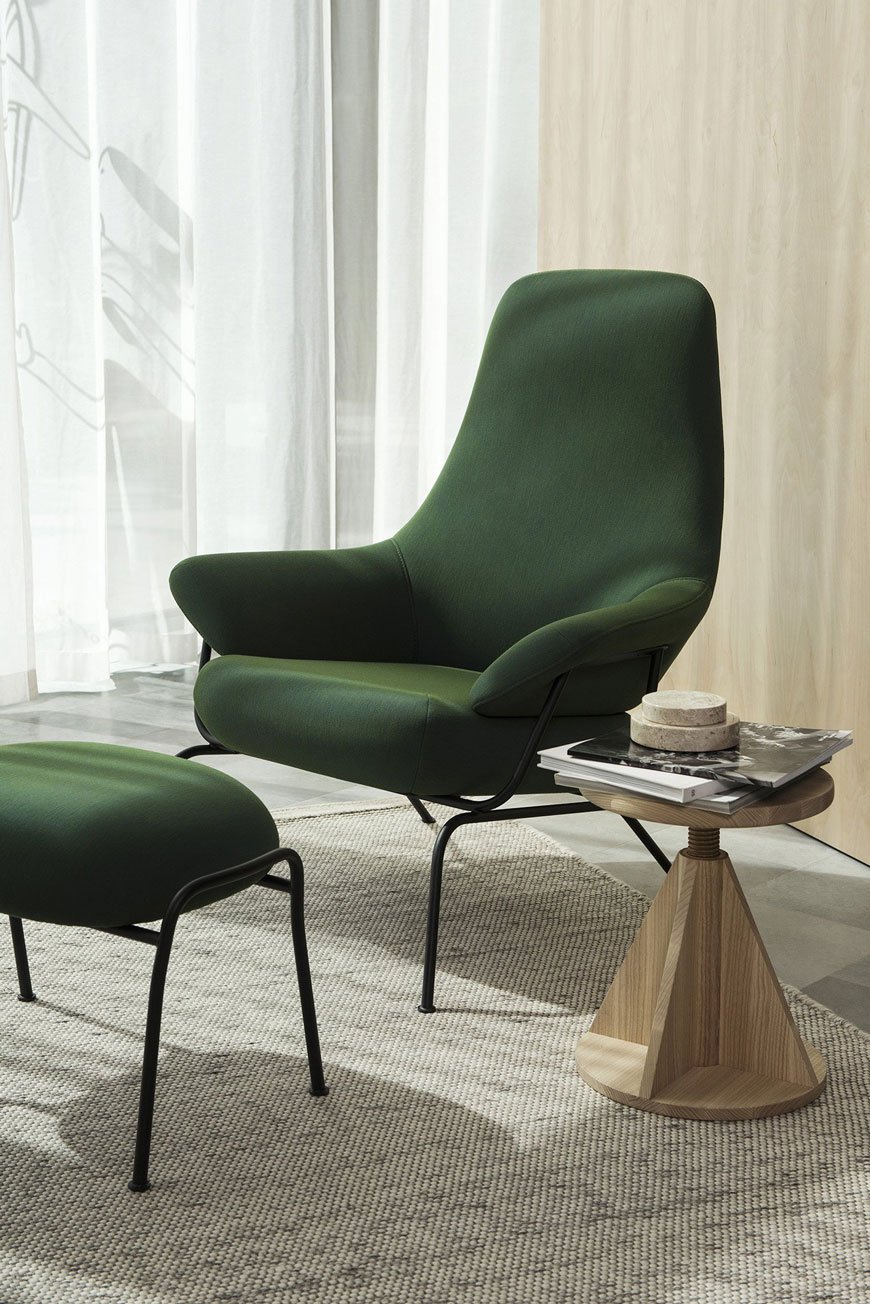 how to use colour in a minimalist home, dark green Hai Peacock green lounge chair by HEM