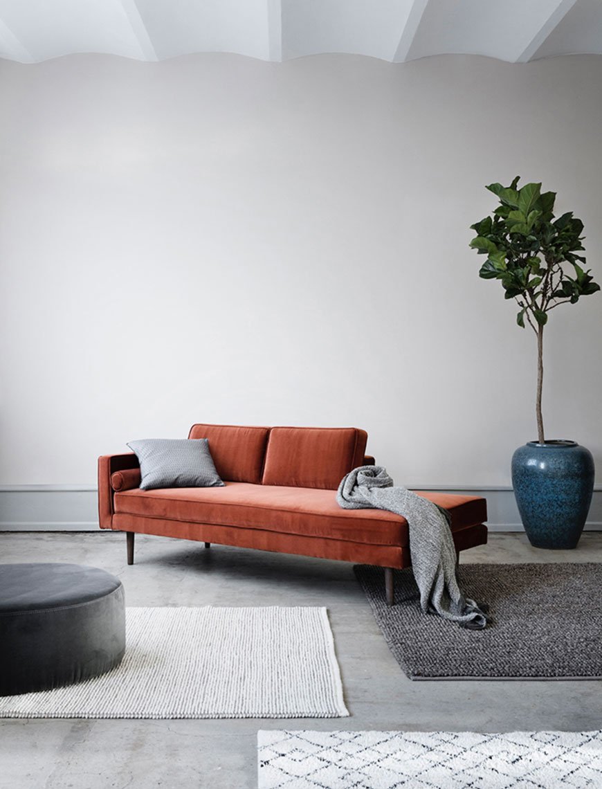 how to use colour in a minimalist home, rust coloured velvet sofa, Broste Copenhagen