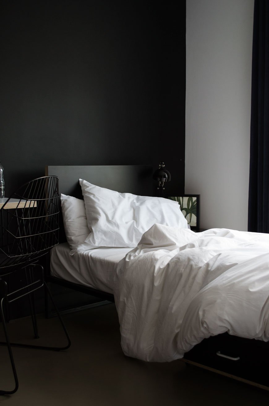 Super sharp decor, clean lines with plywood and wire furniture make up the rooms at Kip Hotel, London