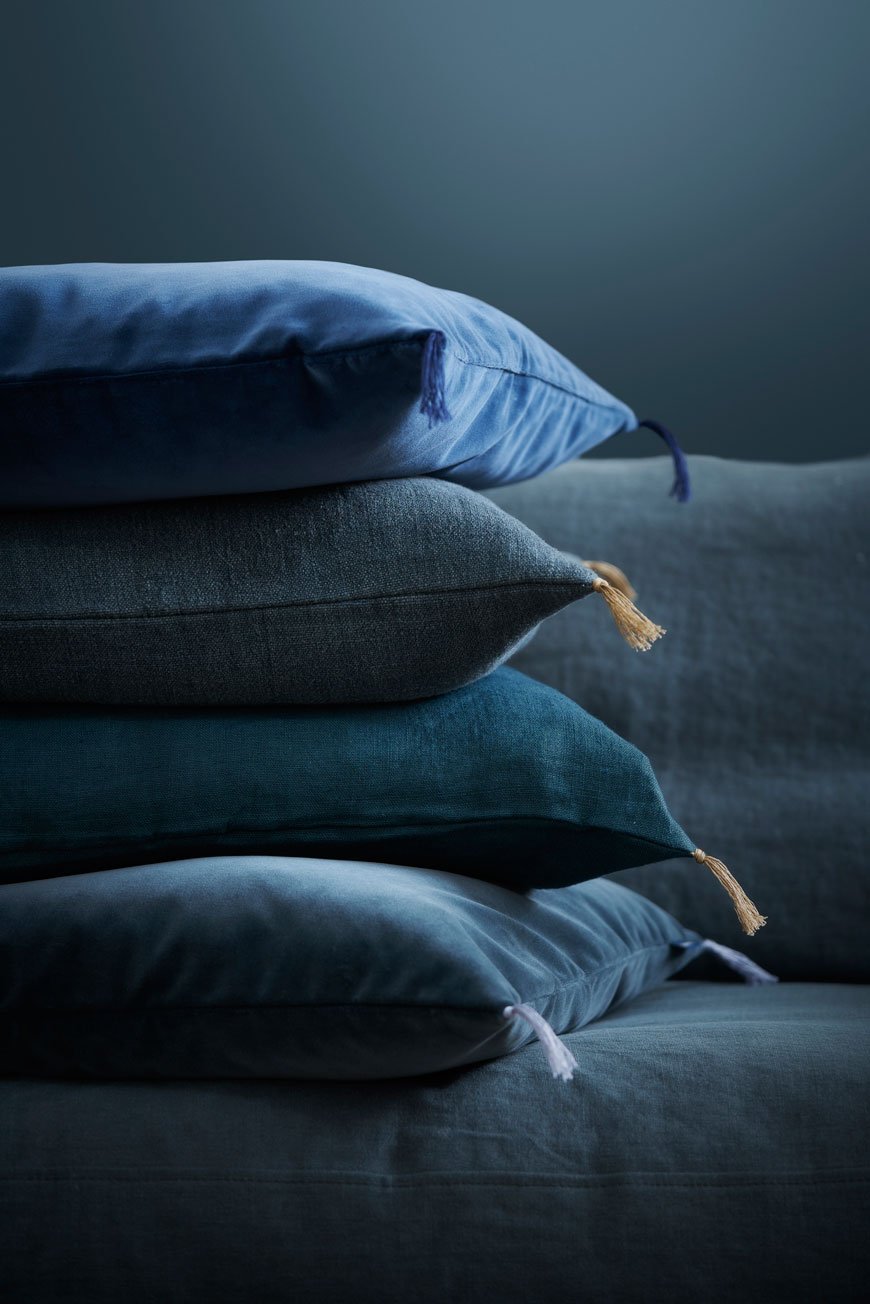 Organic, sustainable blue velvet and linen cushions, designed by sustainable Swedish furniture designers Norrgavel