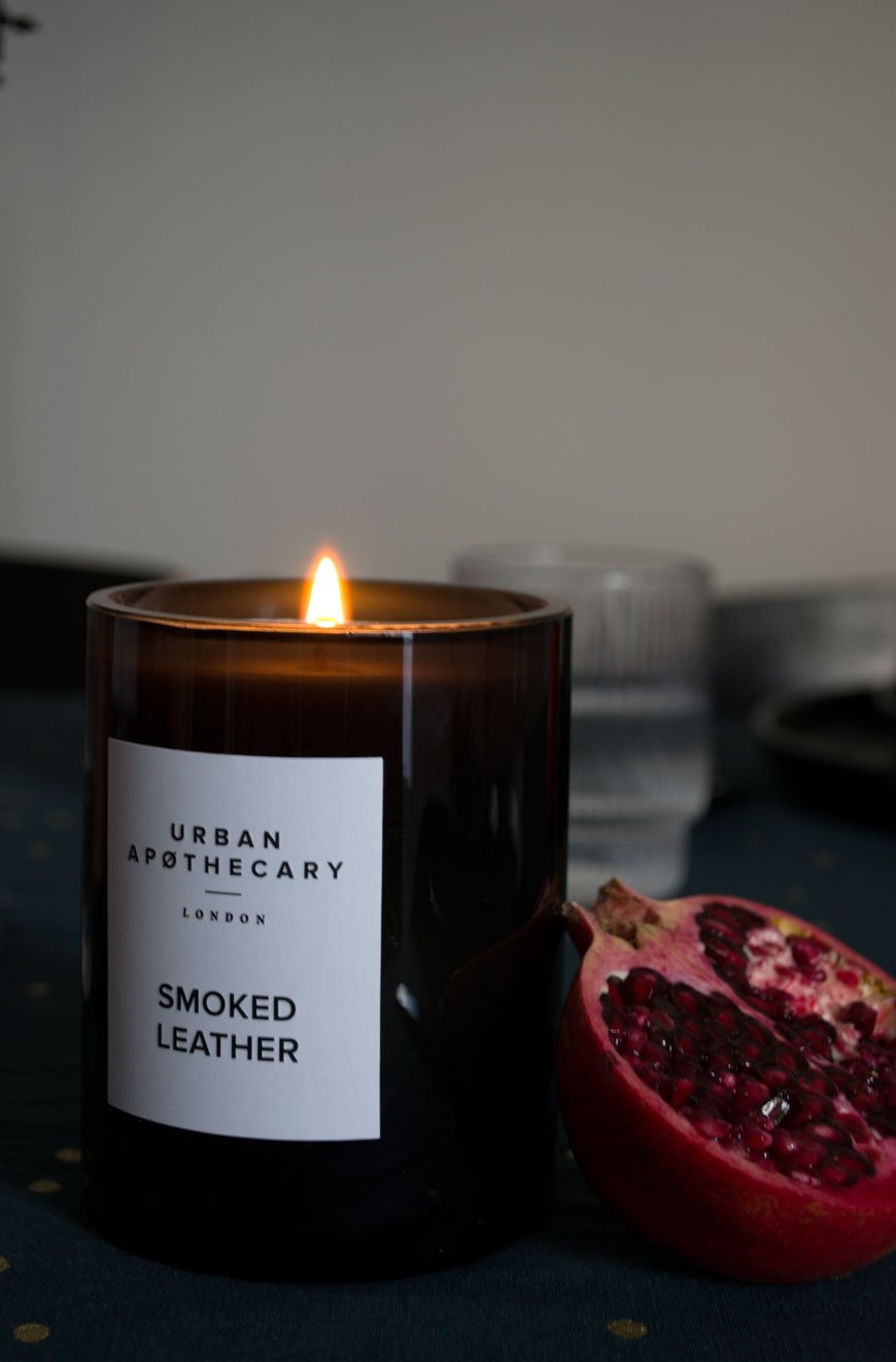 Setting the scene for a moody and minimal Christmas table setting with the heady scent of Smoked Leather by Urban Apothecary