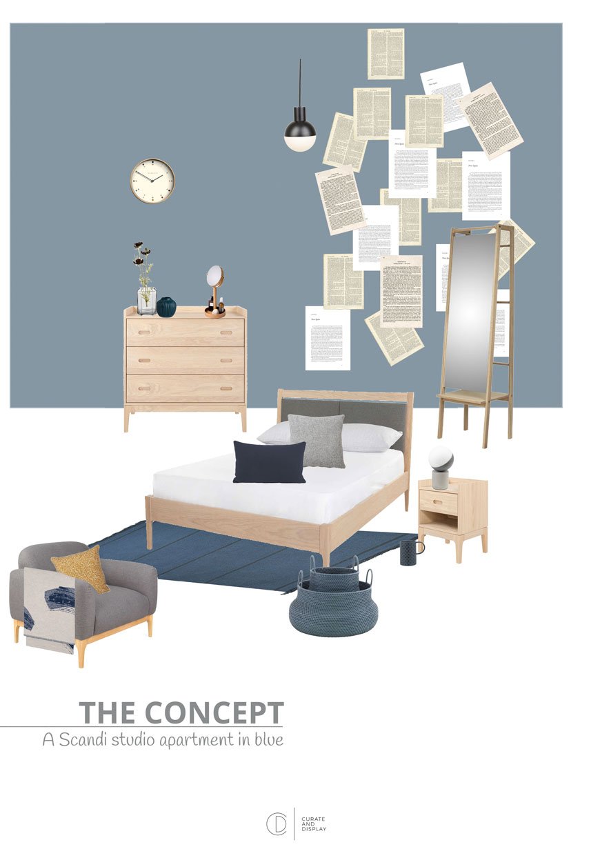 Heal's Scandi inspired Morten furniture collection, designed by John Jenkins, blue bedroom styling, visual merchandising, window styling, window dressing