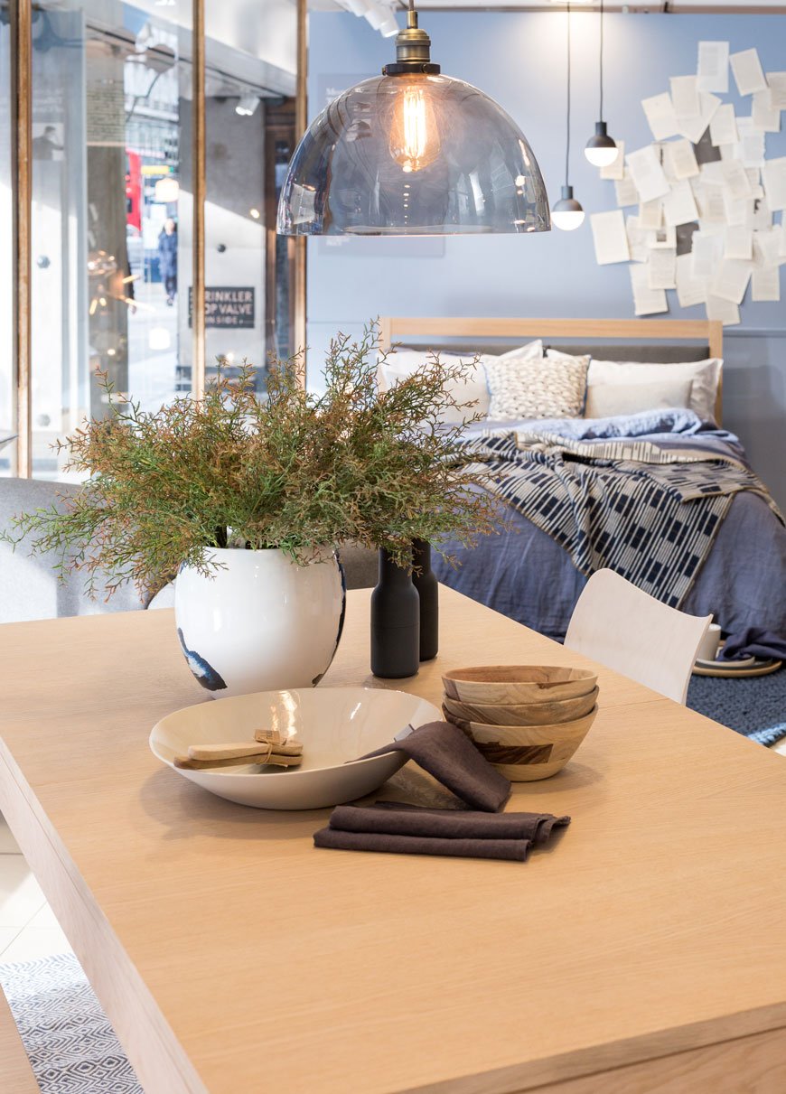Heal's Scandi inspired Morten furniture collection, designed by John Jenkins, blue bedroom styling, visual merchandising, window styling, window dressing