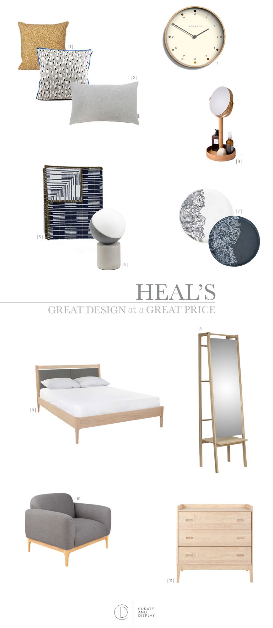 Heal's Scandi inspired Morten furniture collection, designed by John Jenkins, blue bedroom styling, visual merchandising, window styling, window dressing, shopping page