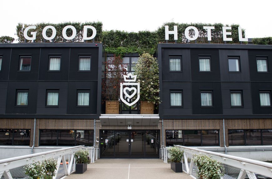An outside look at The Good Hotel London which can be found on London's Royal Victoria Docks.