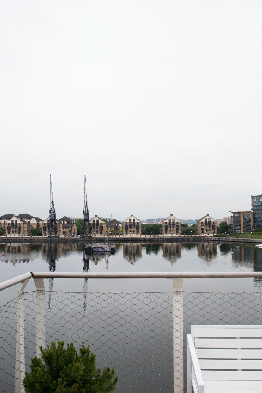 The view from the roof bar at The Good Hotel London on Royal Victoria Docks.