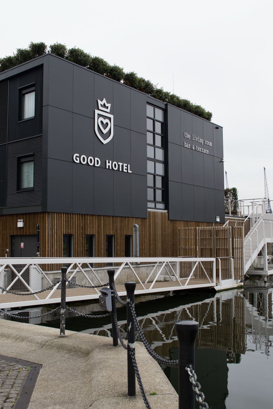 An outside view of The Good Hotel London on the Royal Victoria Docks.