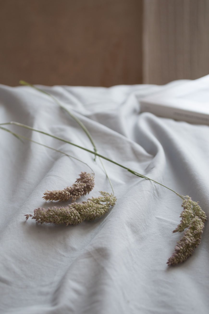 Three stems of grasses laid on grey cotton sheets on the bed