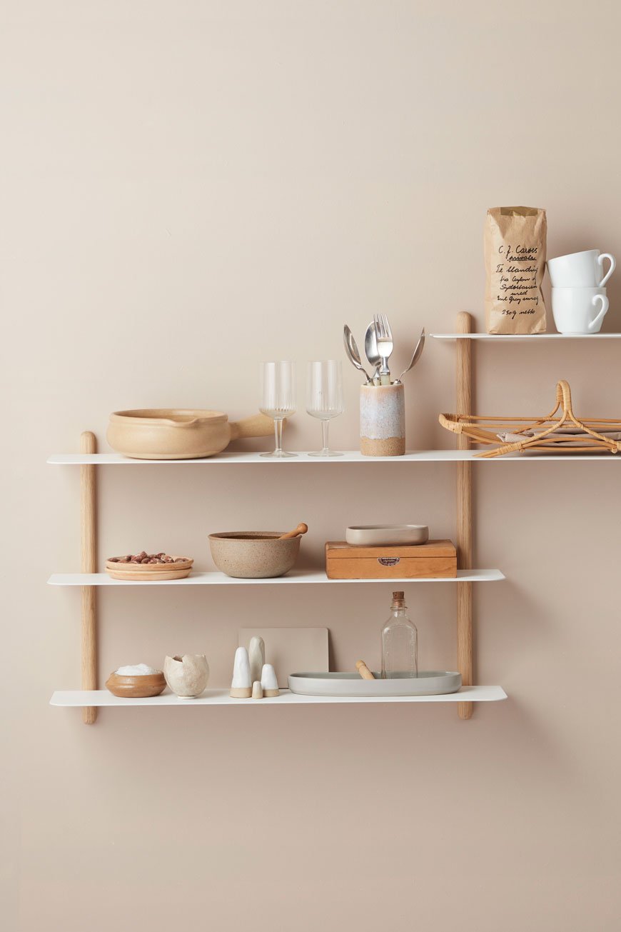 Nivo oak and white shelves styled in monochrome nude and wood tones, by Nordic design brand Gejst