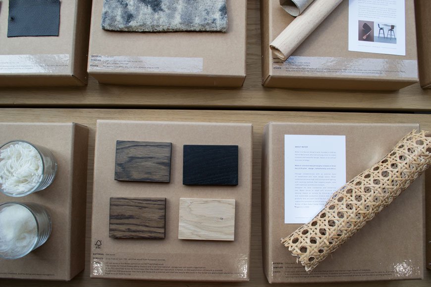 Swatches of wood, wool and wicker on display in the Mater gallery, Clerkenwell.