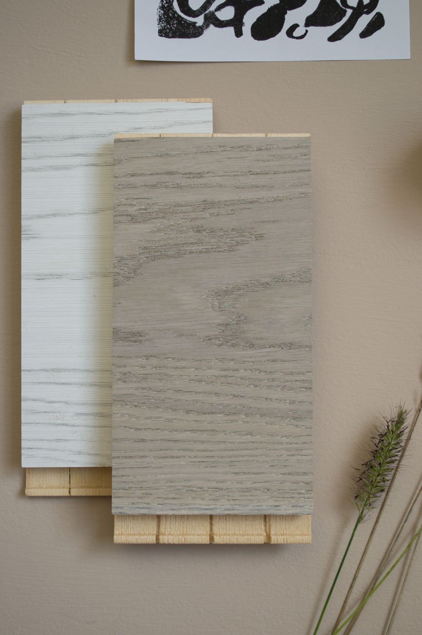 Havwoods engineered oak floor samples on a flatlay moodboard showing beige bedroom inspiration.