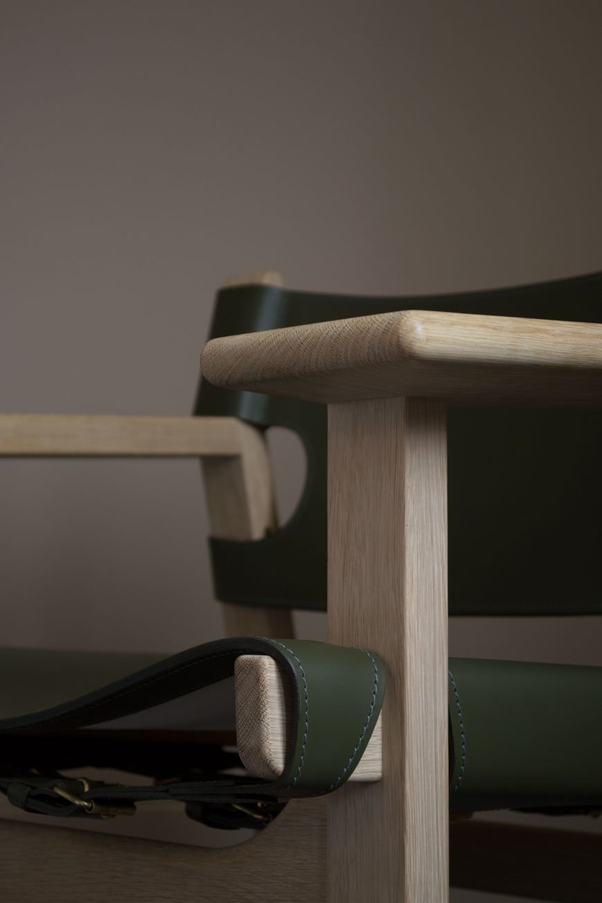 A close-up of the oak frame of The Spanish Chair, designed for Fredericia by Børge Mogensen.