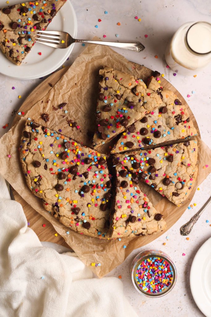 giant chocolate chip cookie with sprinkles