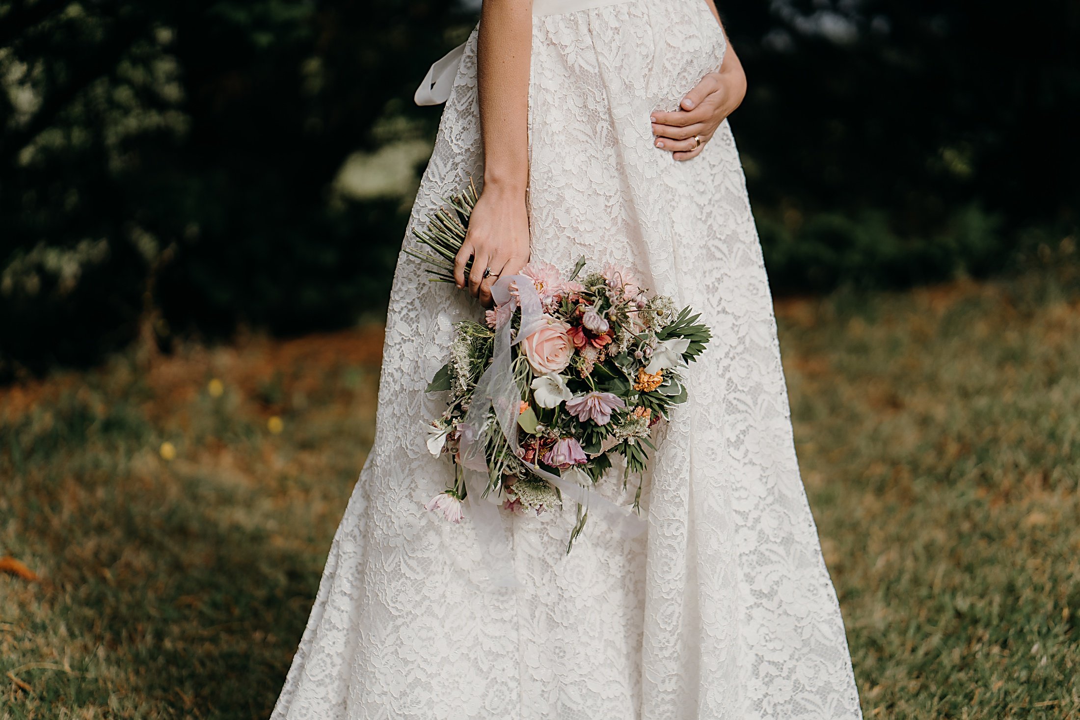 Daisy by Katie Yeung Wedding Dress, baby bump & bouquet