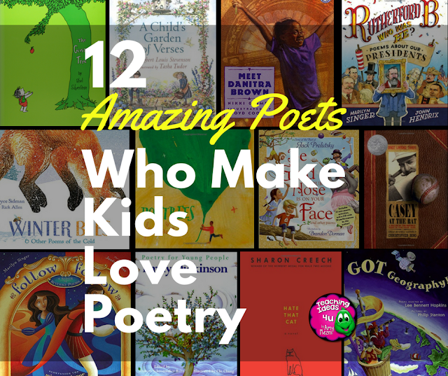 12 Amazing Poets Who Make Kids Love Poetry! Learn about the poetry of twelve different poets that upper elementary students enjoy reading. Suggested books are provided for each poet.