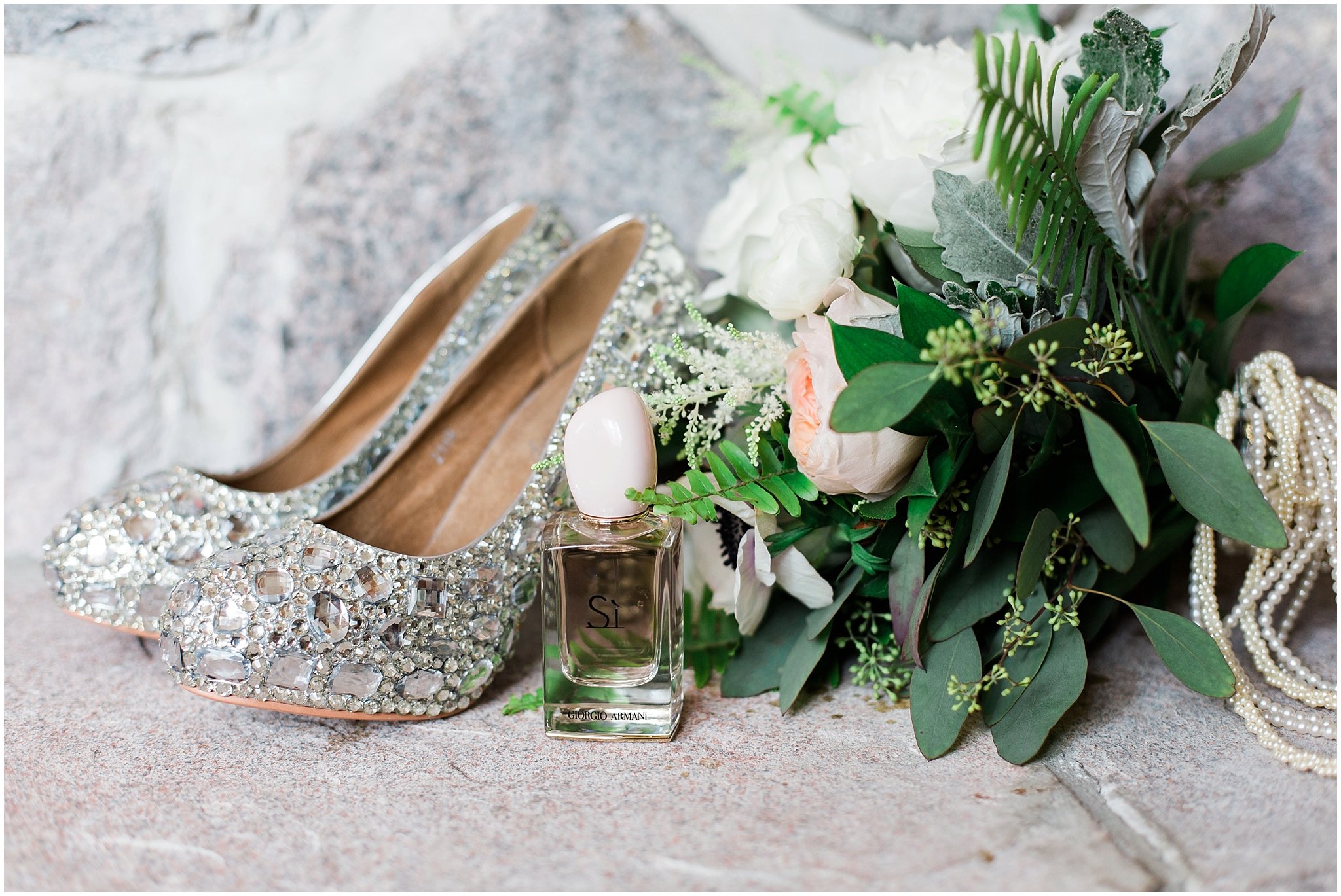 wedding shoes, perfume and bouquet