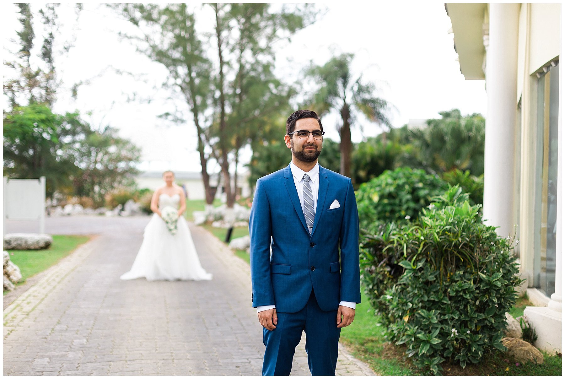 Bride and groom's first look at resort wedding in Montego Bay
