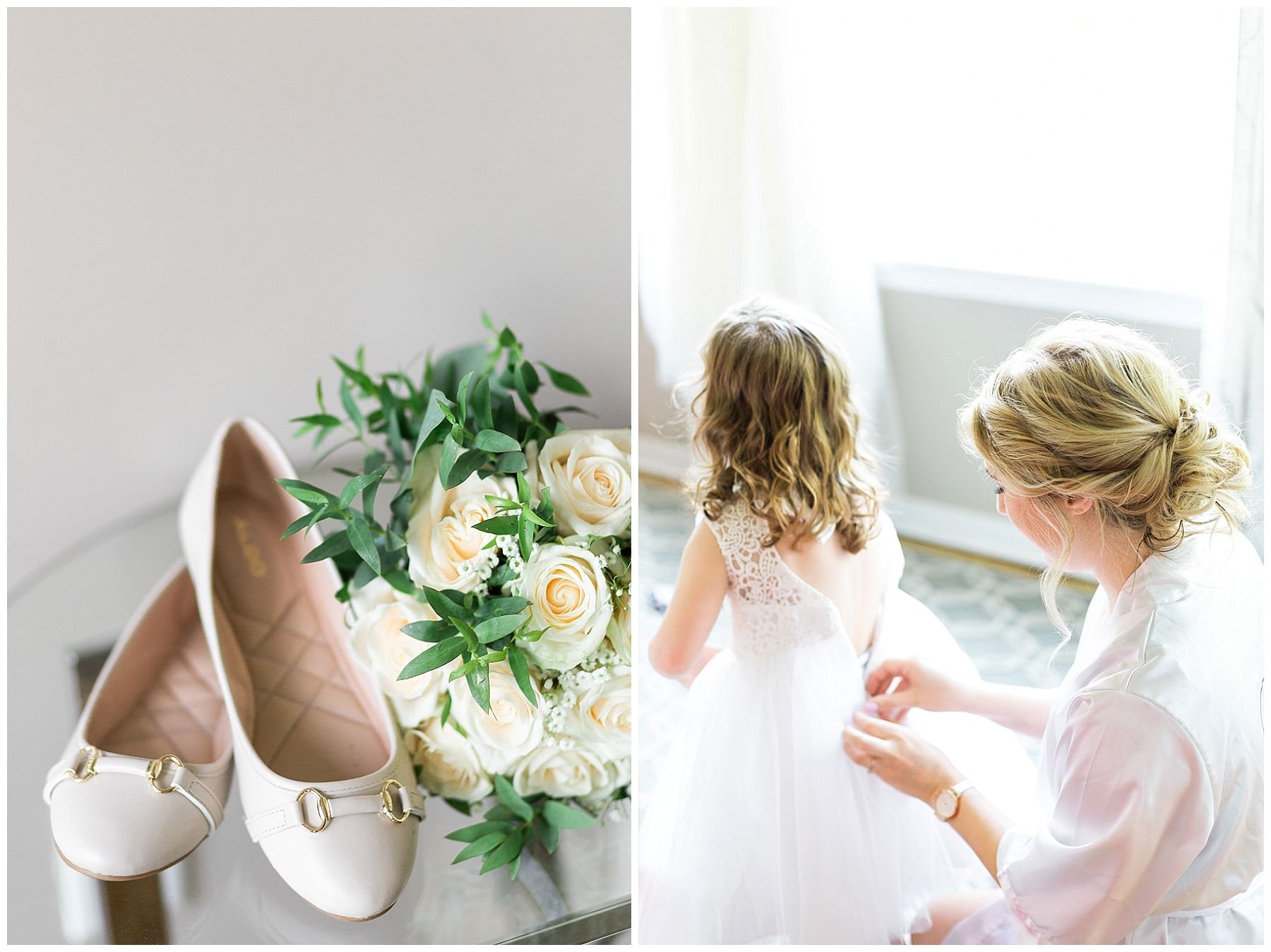 Bridal details. Wedding flats and bouquet of ivory spray roses