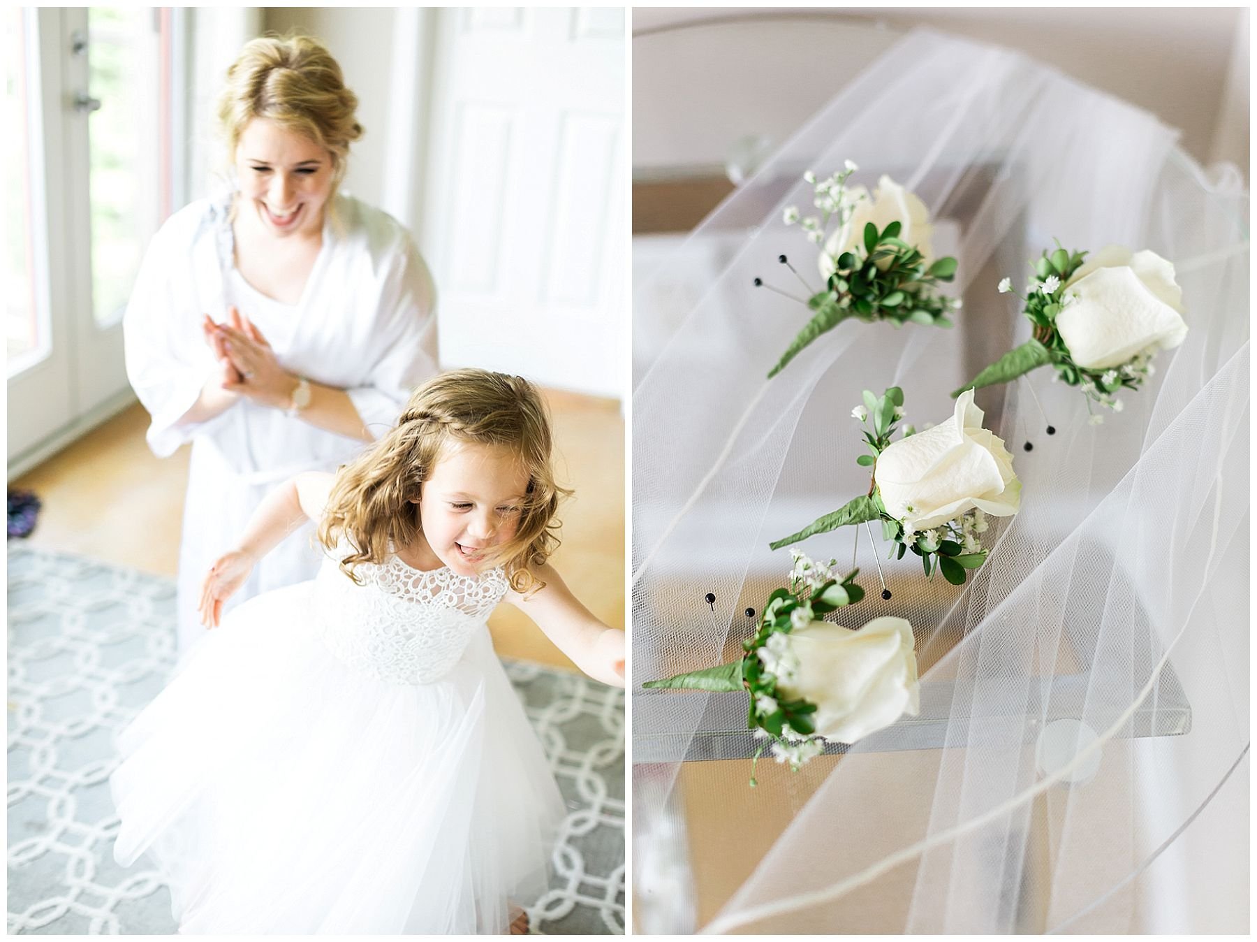 bride helping flower girl into her white tulle dress