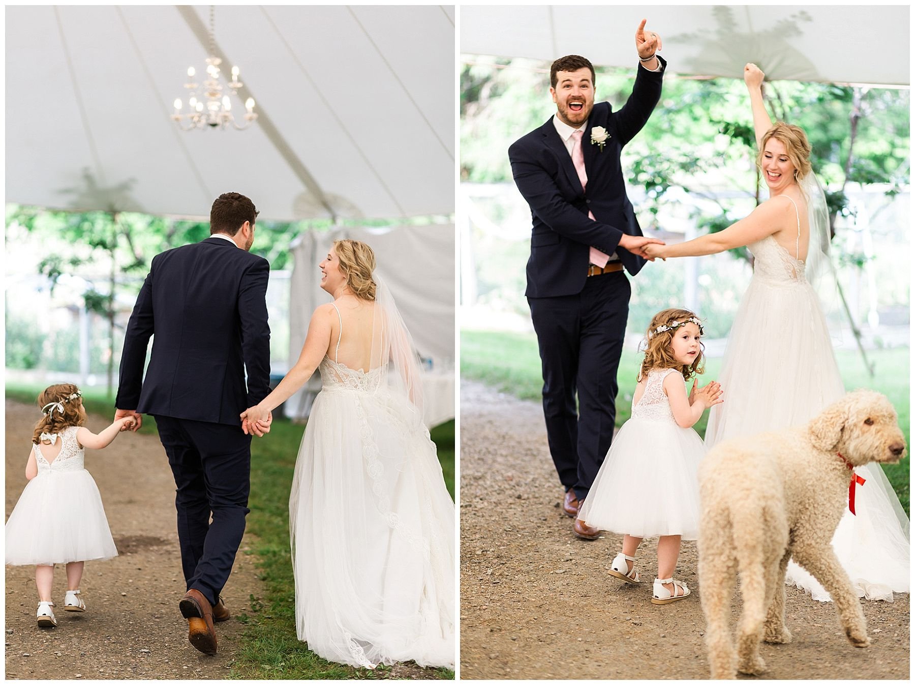 Happy family of three walking down the aisle. Bride, groom and daughter.