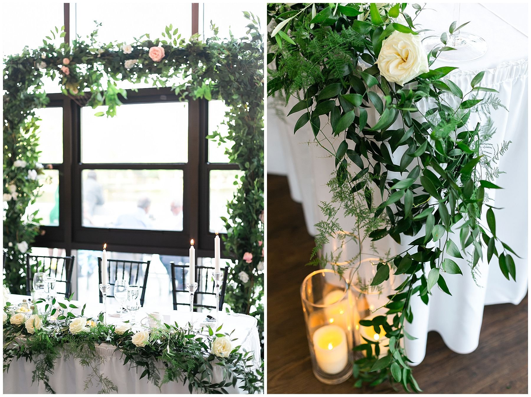 Wedding table decor. Garland of greenery and white roses with candlesticks. With an arch of greenery. 