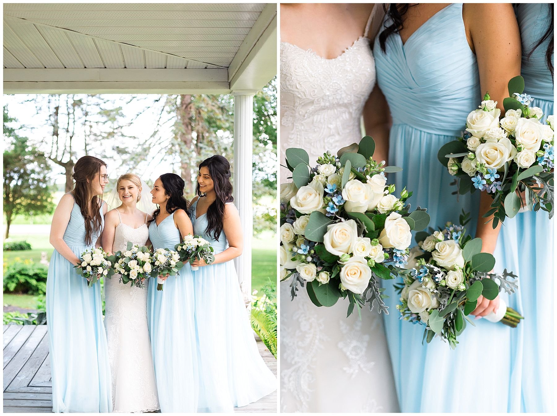 Bridesmaids in pastel blue dresses on a white porch