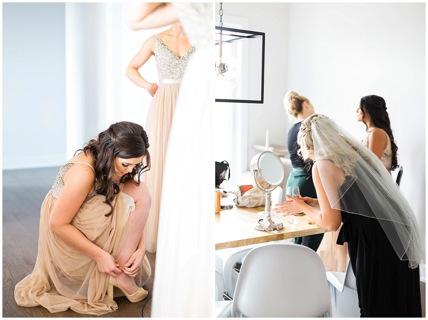 Bridesmaids getting ready. Sequins rose gold dress.