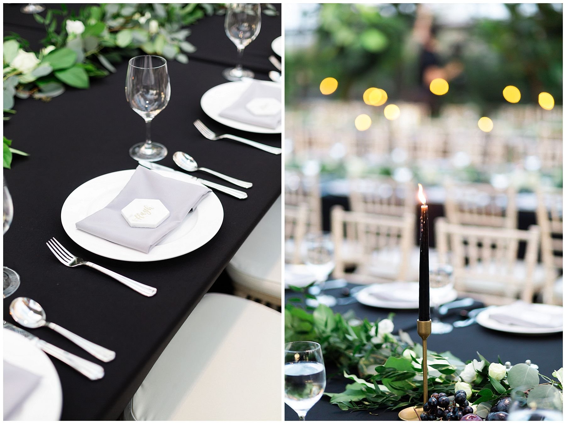 Wedding decor of black linens, Ivory chairs, gold accents and exotic fruits