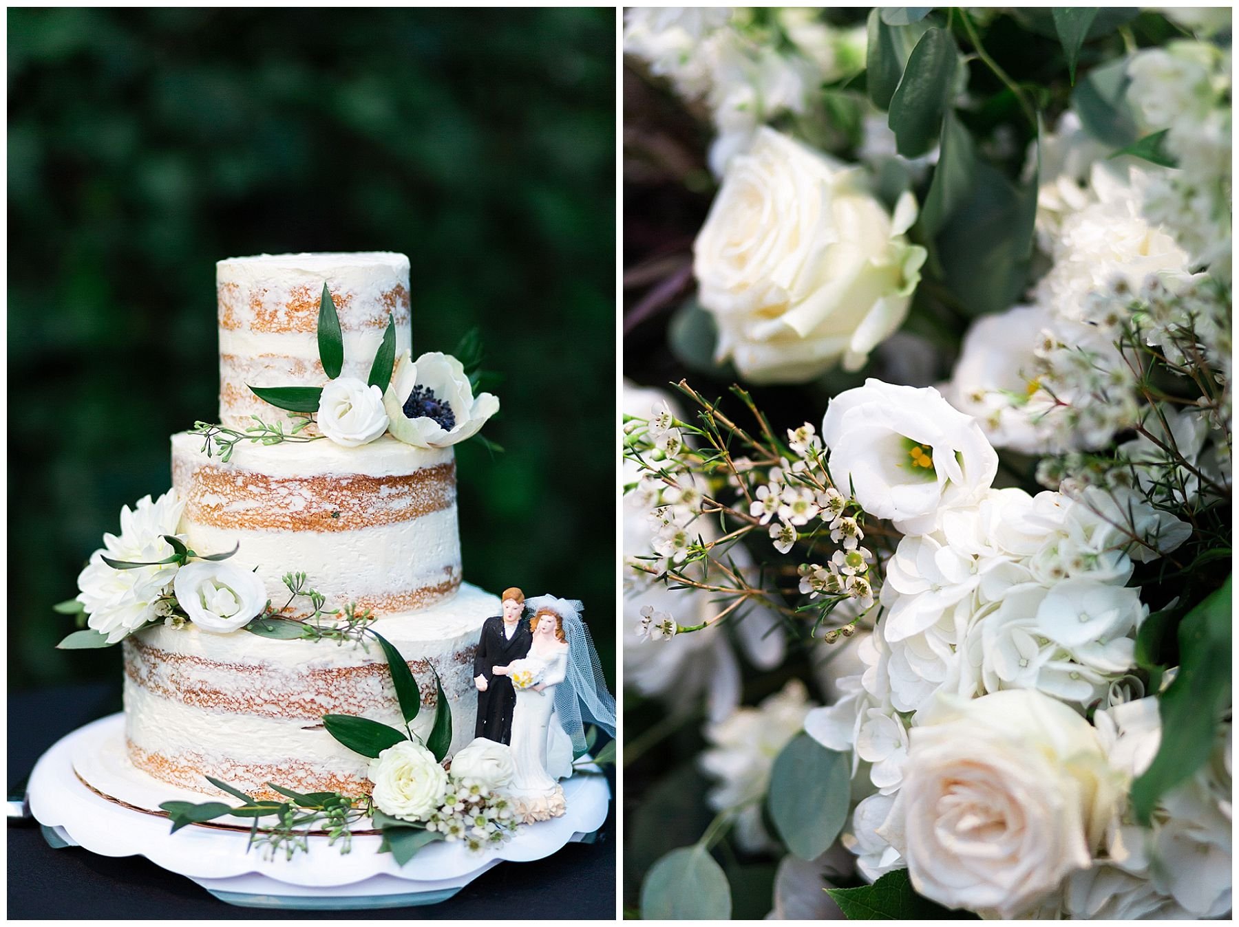 Naked wedding cake with floral accents.