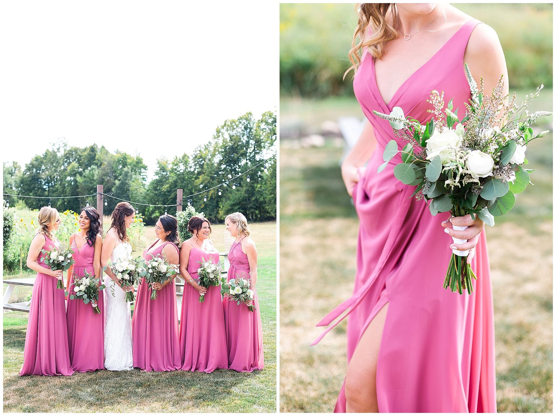Dusty rose bridesmaids with wildflower bouquets