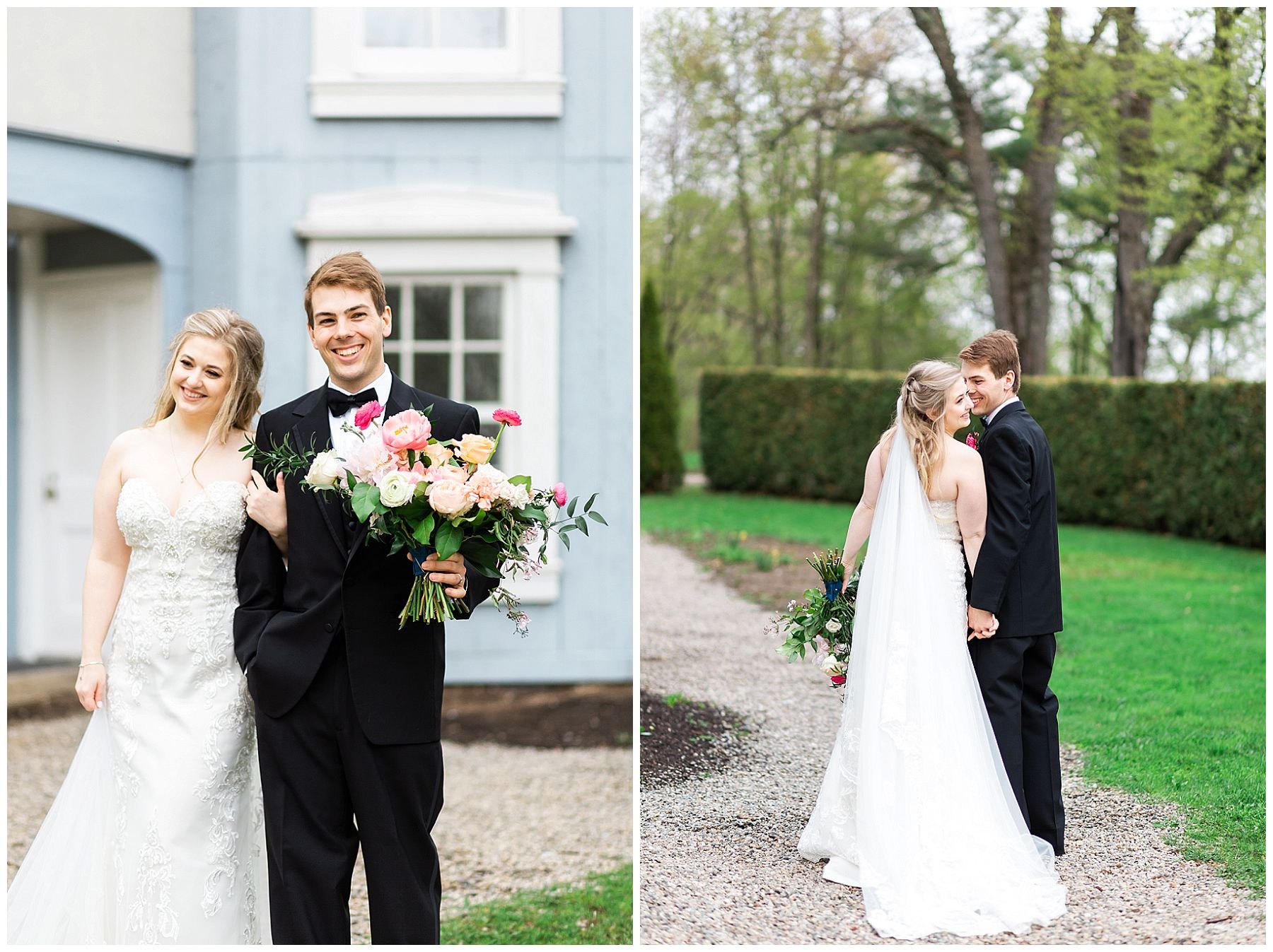 bride and groom walk into a french garden