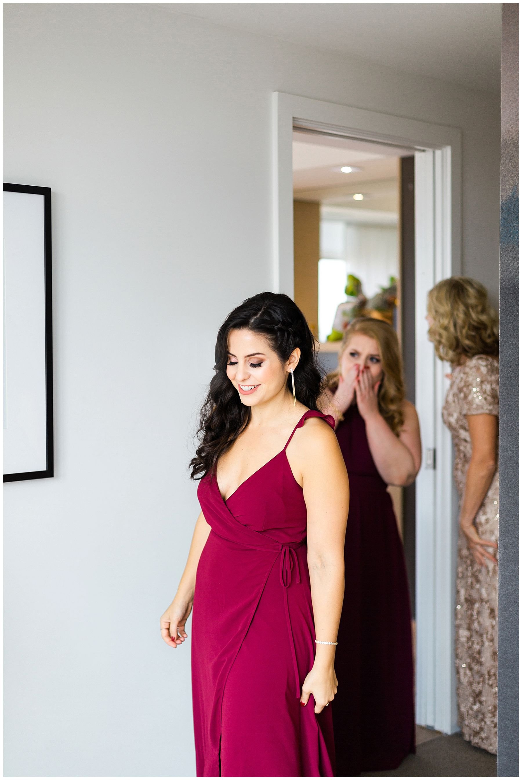 First look with emotional bridesmaids at Andaz