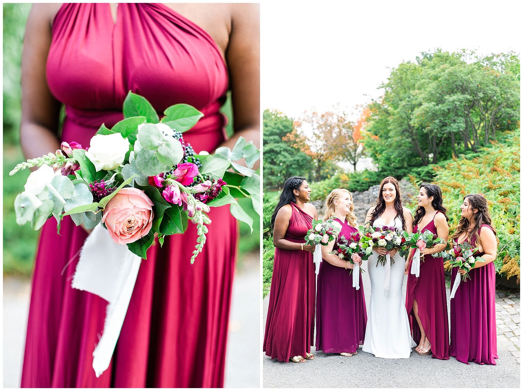 Burgundy bridesmaids dress with fall bouquets