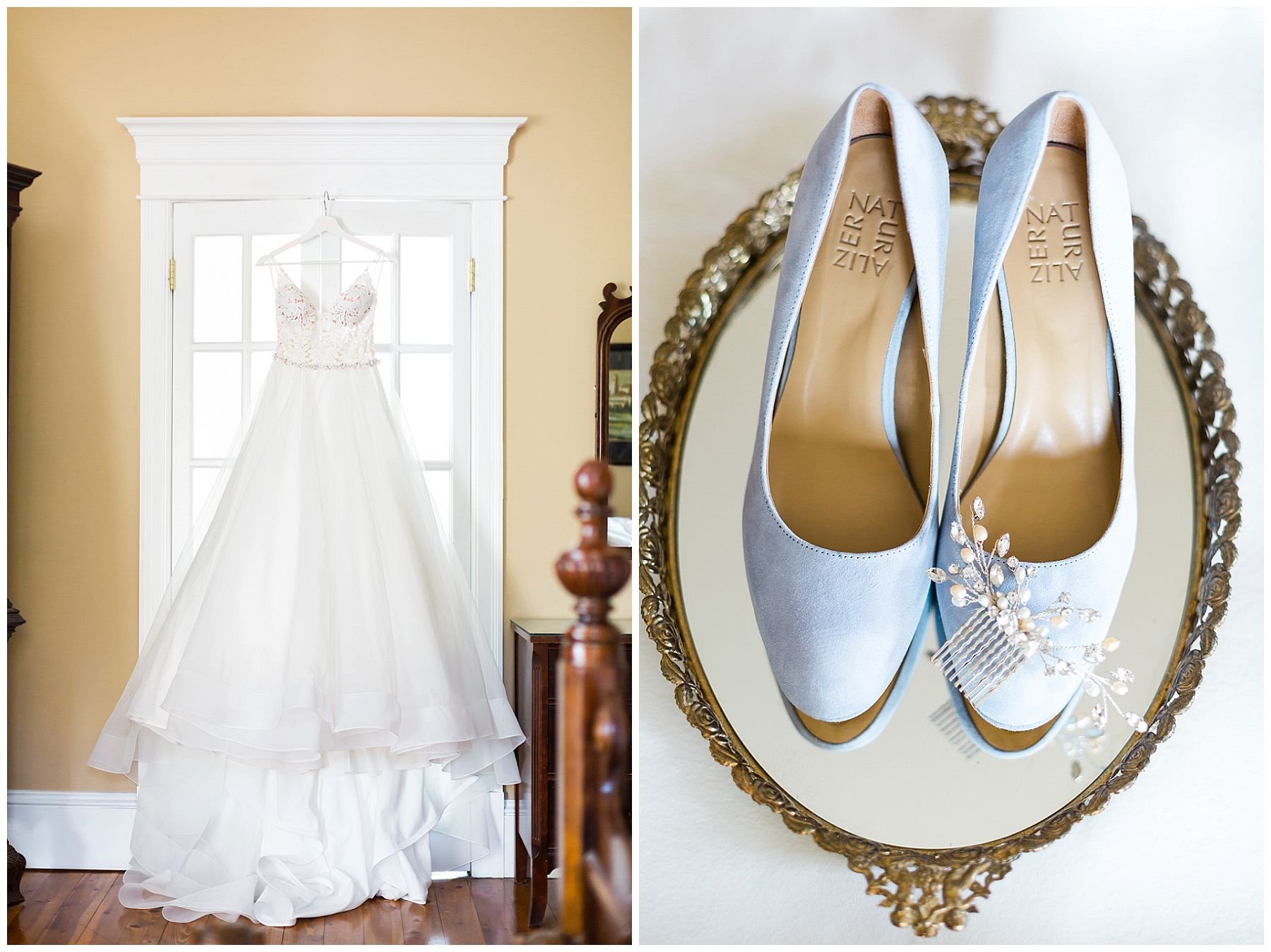 Mikaella Bridal wedding ball gown hanging on a door