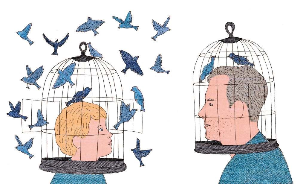 kid with birds flying free from a cage and man with a closed cage with birds in it