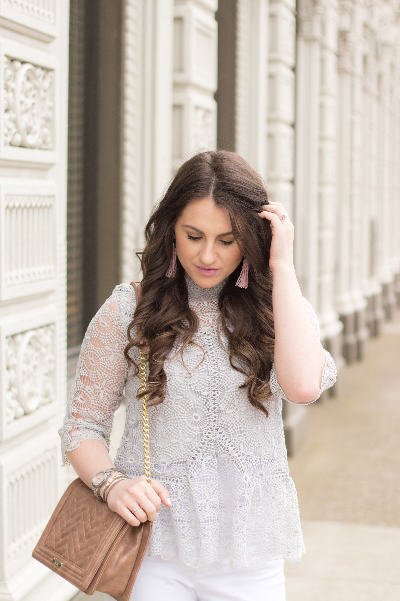 Grey Lace Top by popular Portland fashion blogger Topknot and Pearls