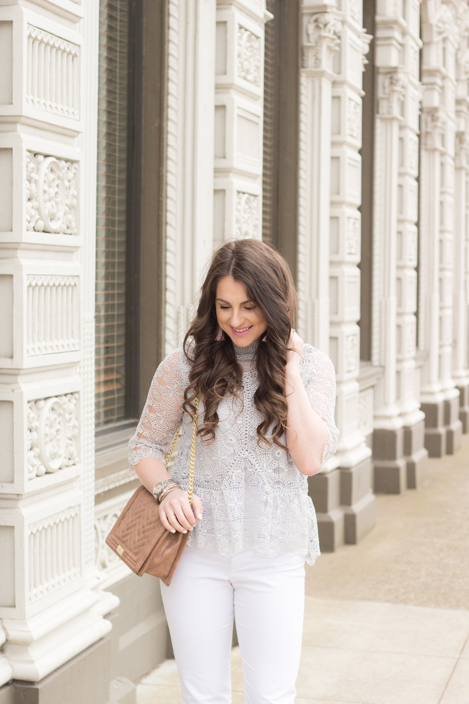 Grey Lace Top by popular Portland fashion blogger Topknot and Pearls